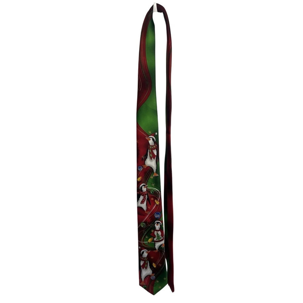 St Nicholas Square Christmas Penguin Tie Novelty Holiday Xmas Presents Green Red